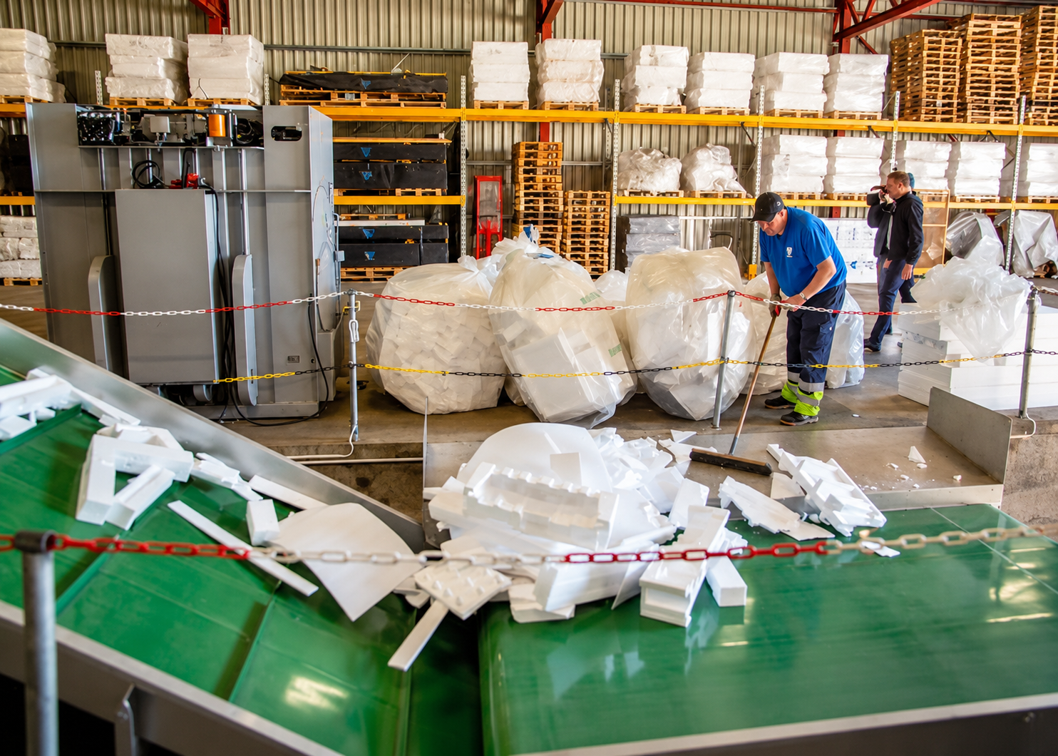 EPS production offcuts being sorted and conveyed for recycling